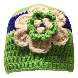 Women’s Homemade Hand Crocheted Green Blue & Cream Flower Beanie Winter Hat